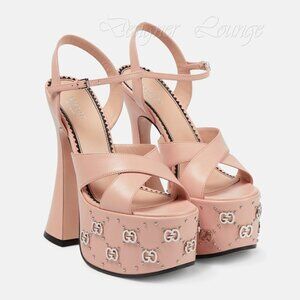 NEW GUCCI Interlocking GG Studs Rose Leather Platform Sandals EU 39 US 9